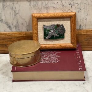 vintage Framed ‘77 Bergamot Brass Works enamel belt buckle 2 ducks in marshland